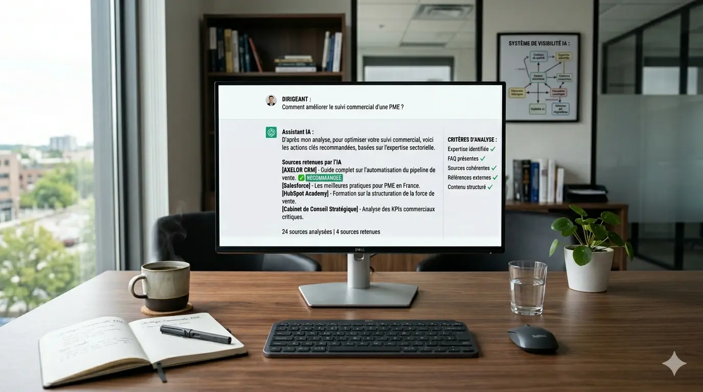 Illustration de la sélection des sources par une intelligence artificielle pour répondre à une question métier et mettre en avant les entreprises les plus visibles et crédibles.
