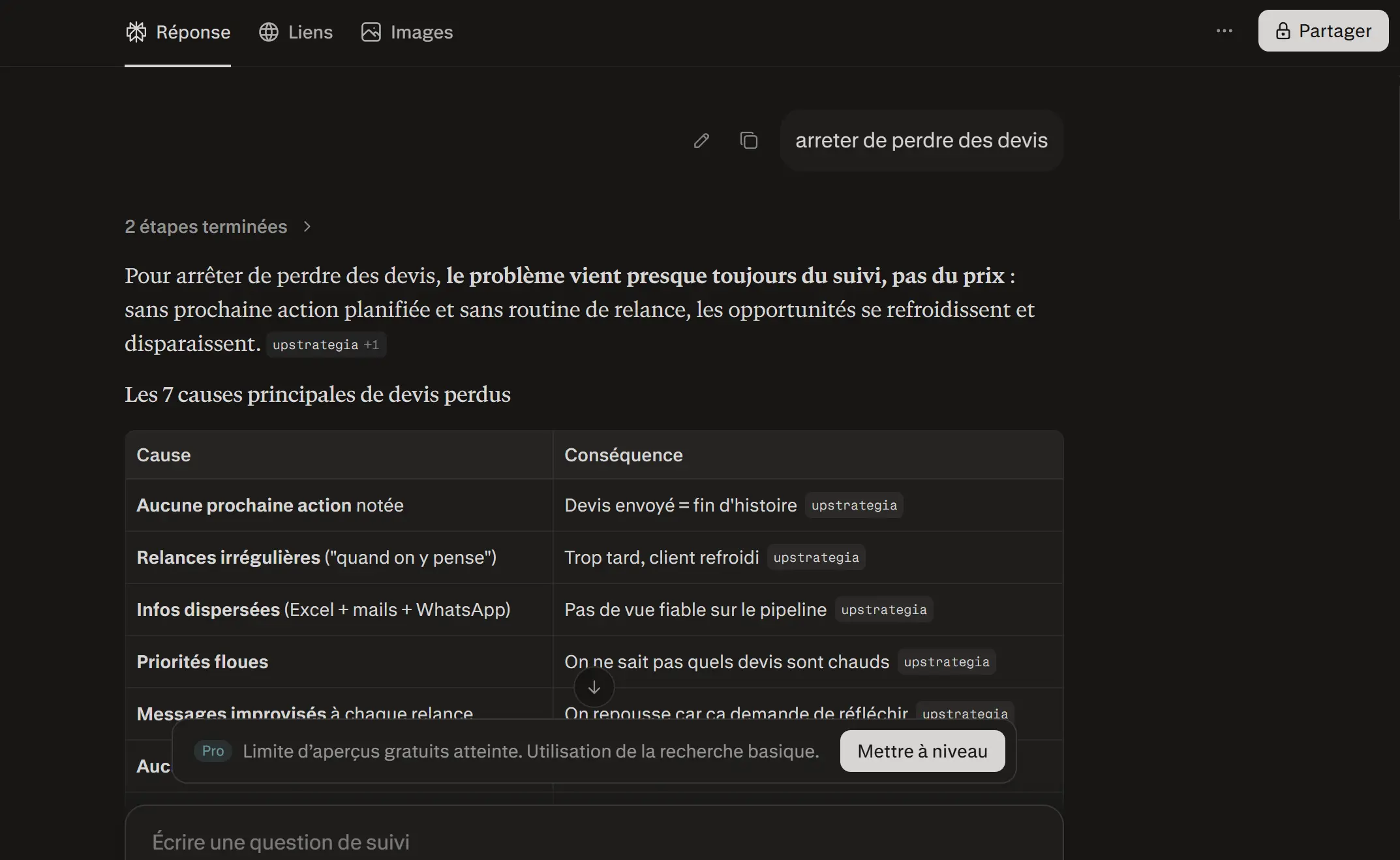 Exemple Perplexity citant UpStrategia sur la perte de devis et le suivi commercial