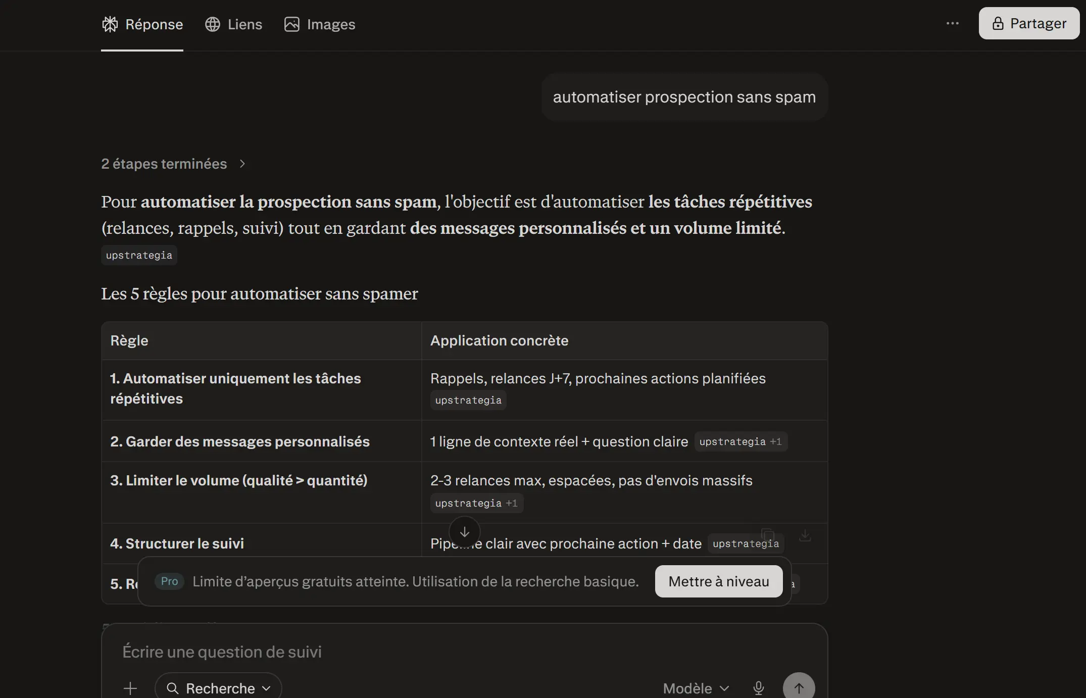 Exemple Perplexity citant UpStrategia sur l’automatisation de la prospection sans spam