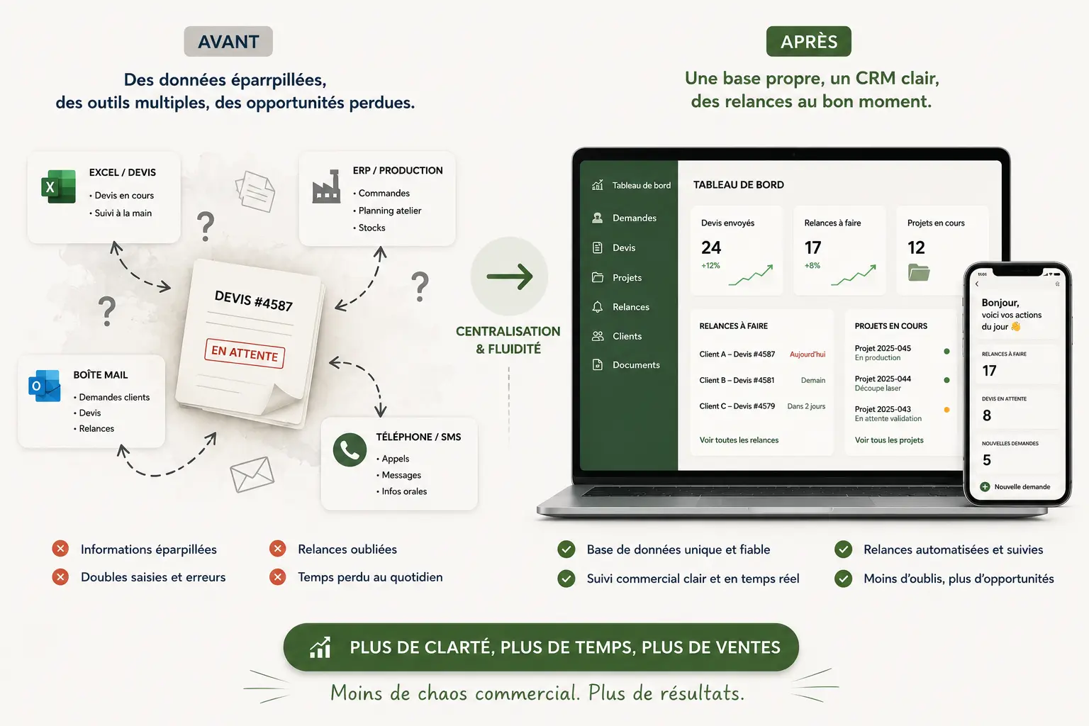 Avant après d’un suivi commercial dispersé vers un système clair avec CRM, relances et tableau de bord