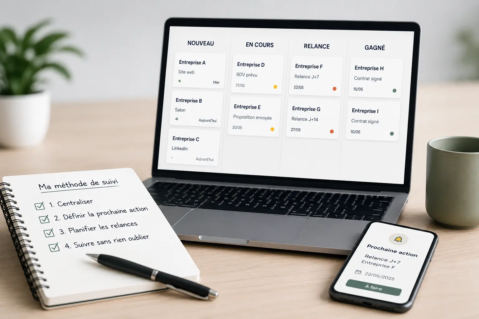 Tableau de suivi des leads commerciaux avec priorités, prochaines actions et dates de relance