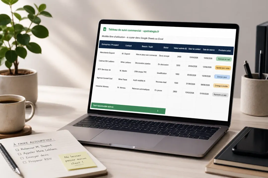 Ordinateur affichant un tableau de suivi commercial simple avec prospects, statuts, dates de relance et prochaines actions