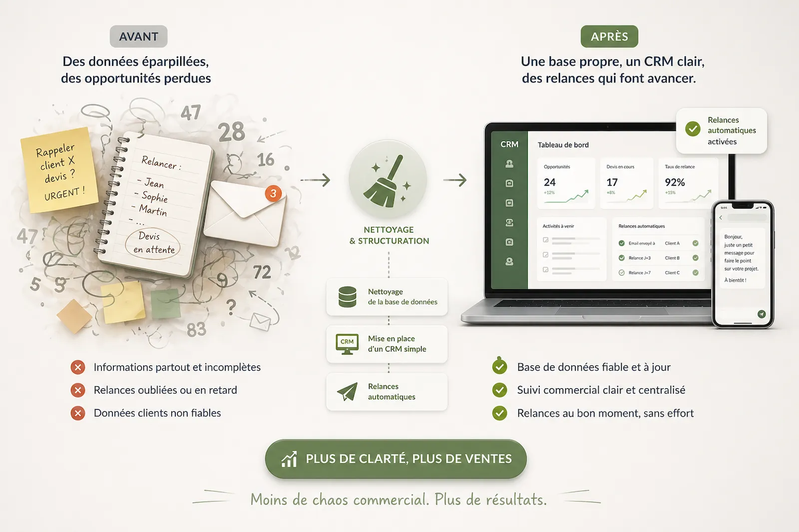 Illustration d’un système commercial structuré avec CRM, suivi des opportunités et relances