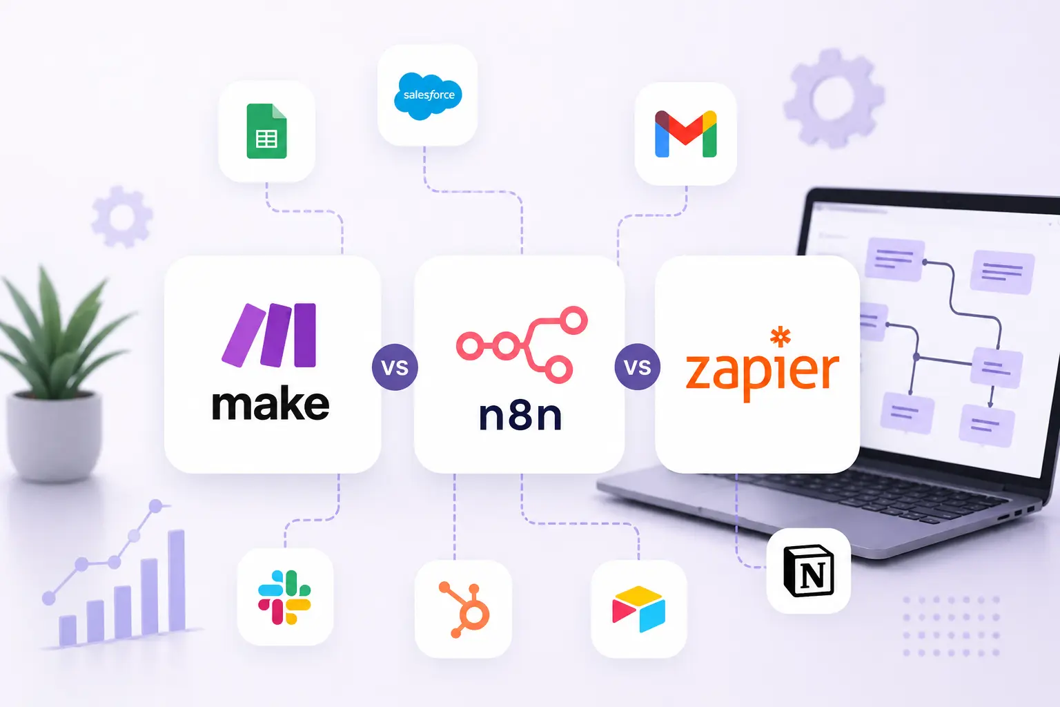 Comparatif des outils d'automatisation Make, n8n et Zapier pour une TPE, avec choix selon le processus et le niveau technique