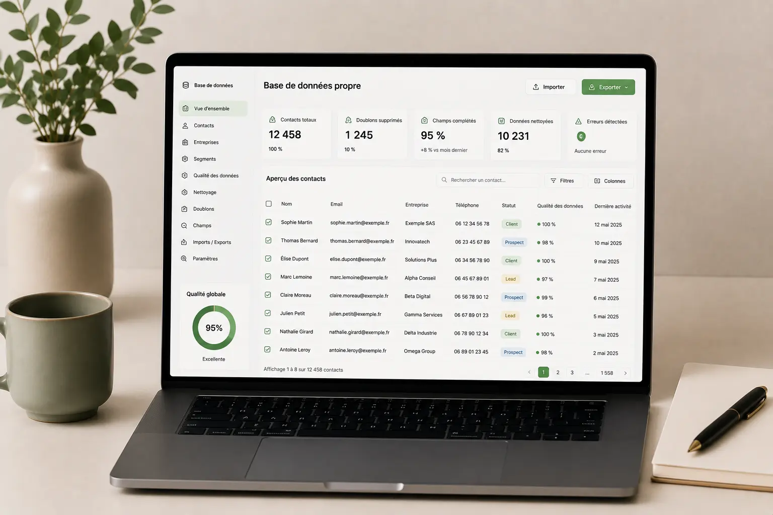 Base de données propre : contacts nettoyés, doublons supprimés, qualité 95% - interface CRM claire pour TPE/PME