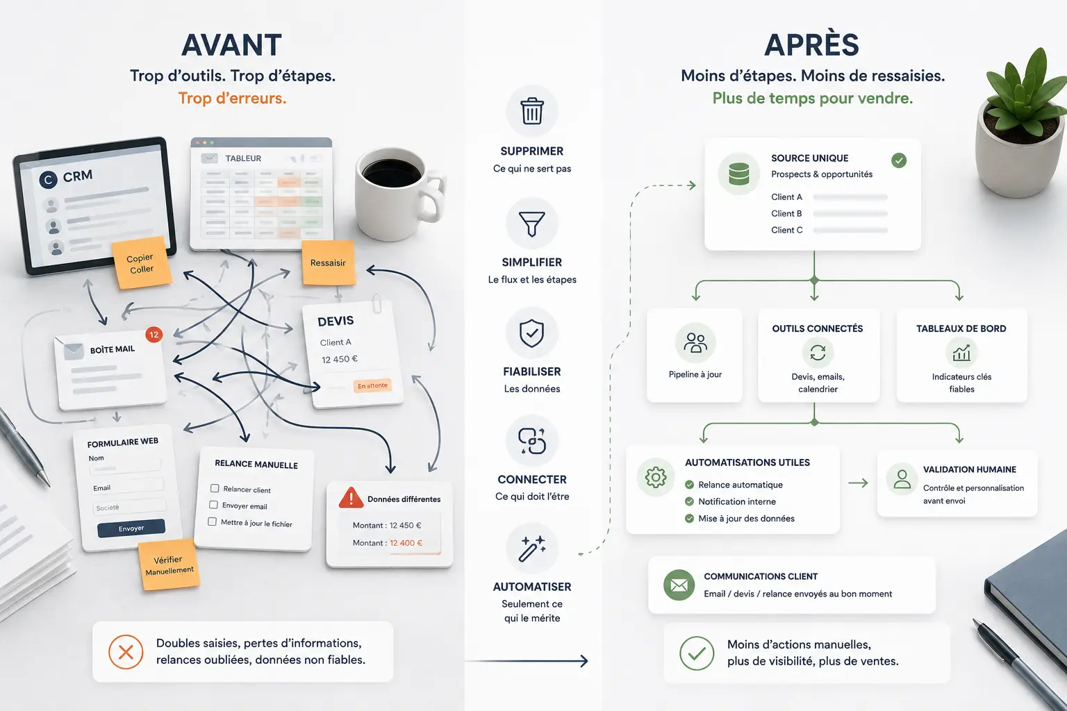 Illustration d'un système commercial simplifié montrant la transformation d'un processus complexe en un flux clair, fiable et optimisé grâce à la simplification, la connexion des outils et une automatisation raisonnée.