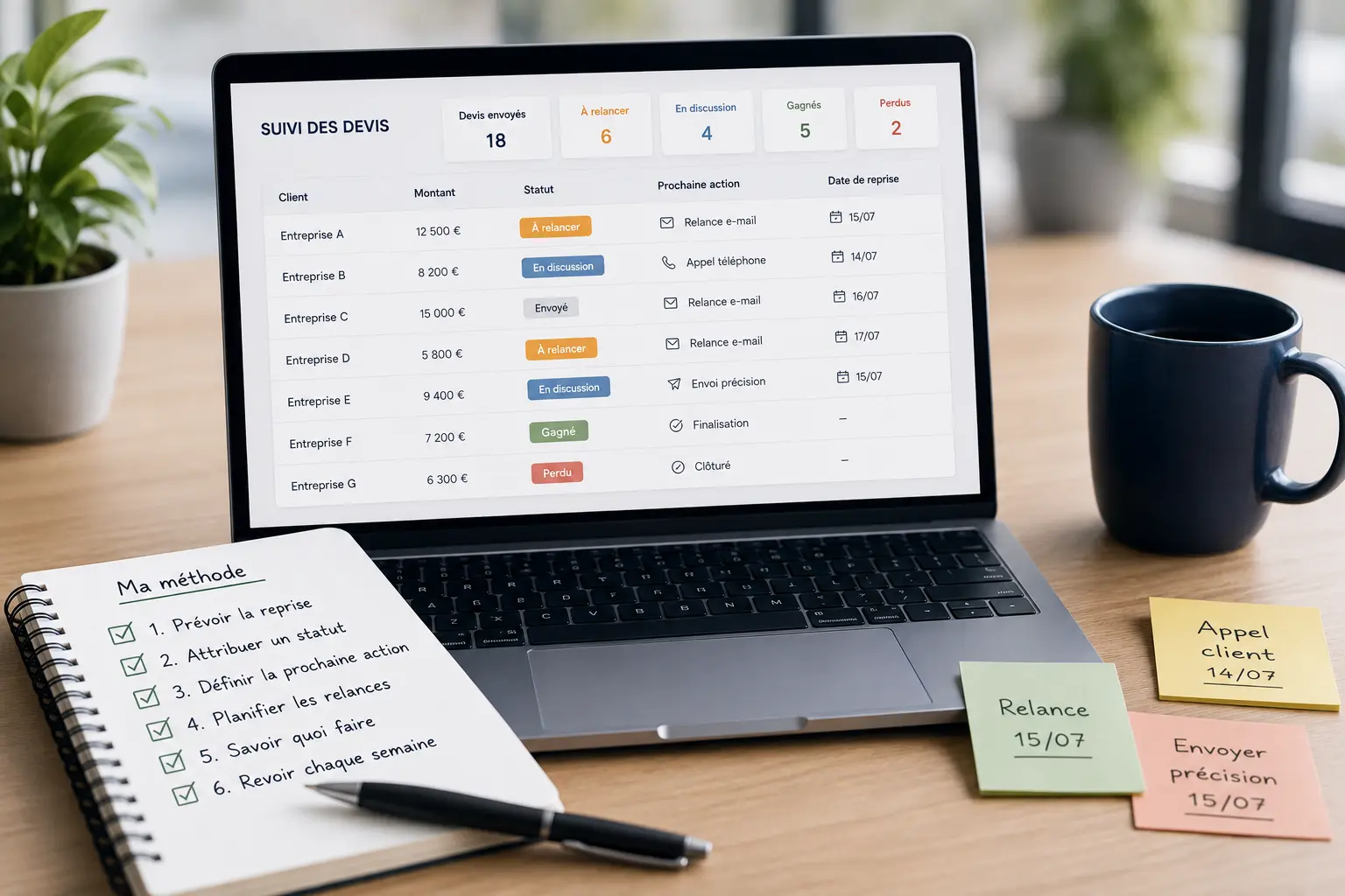 Devis commerciaux en attente avec prochaines actions, relances et statuts de suivi