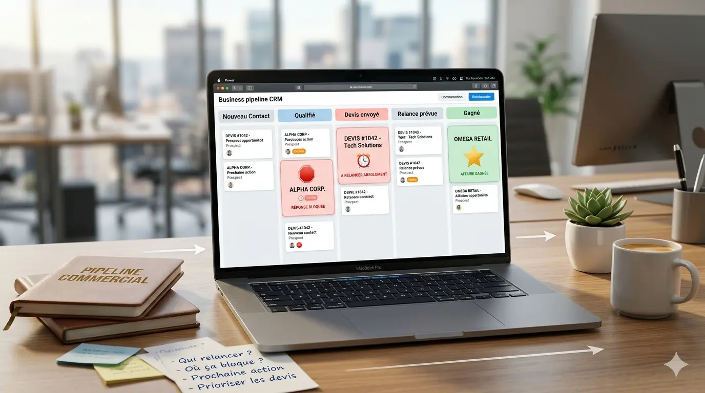 Pipeline commercial visuel permettant d'identifier les opportunités à relancer, les blocages et les prochaines actions commerciales