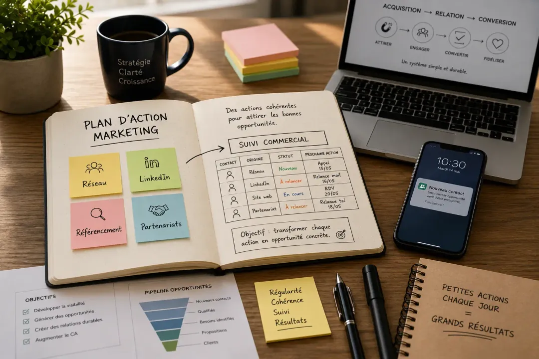 Plan d’action marketing TPE reliant réseau, LinkedIn, référencement et site web à des opportunités commerciales exploitables
