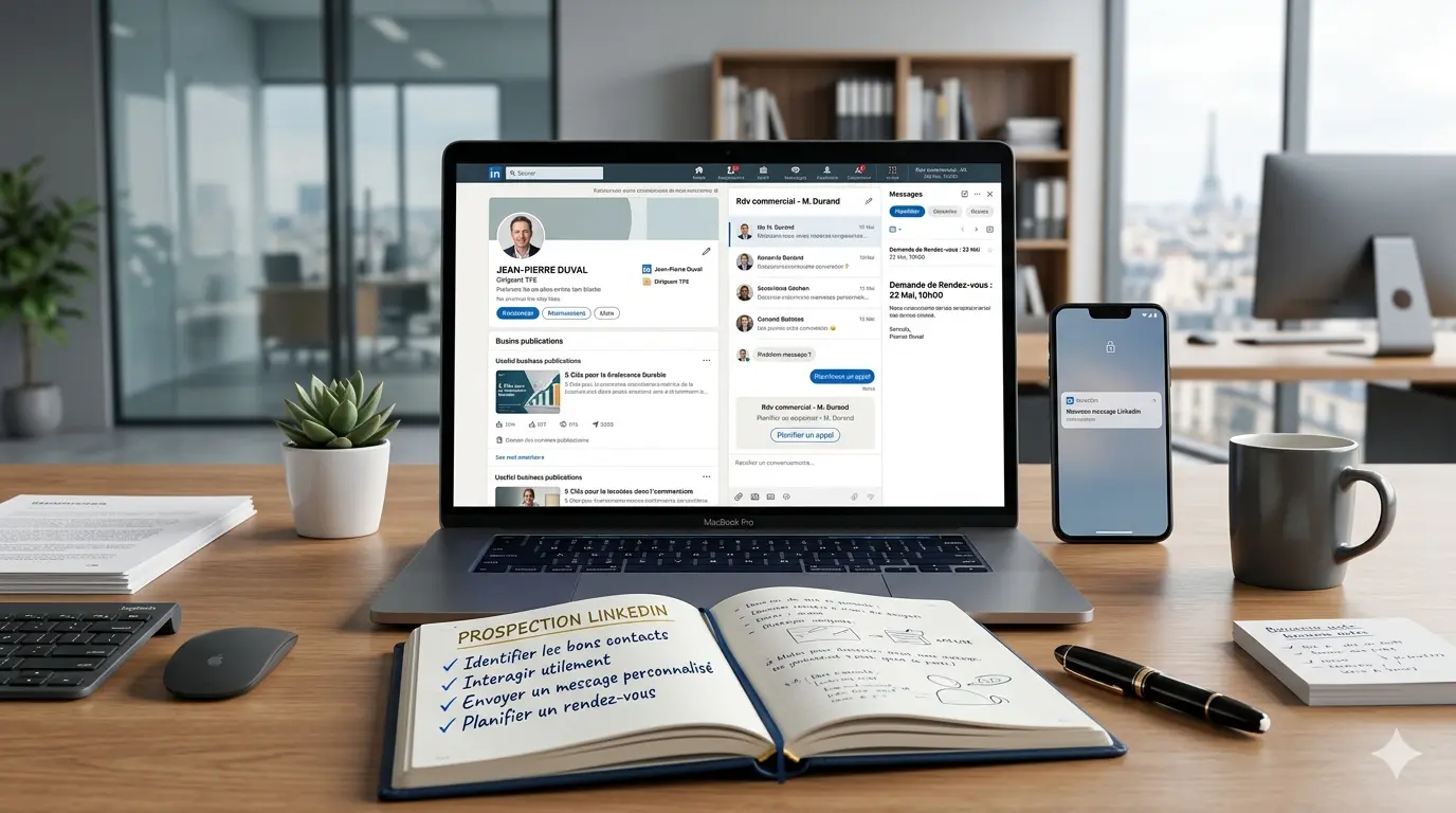 Prospection commerciale sur LinkedIn avec messages personnalisés, suivi des échanges et demandes de rendez-vous