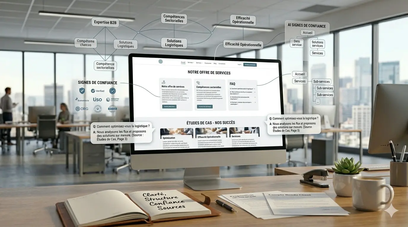 Référencement IA pour PME avec structure claire du site, signaux de confiance, expertise métier et réponses utilisées par les intelligences artificielles