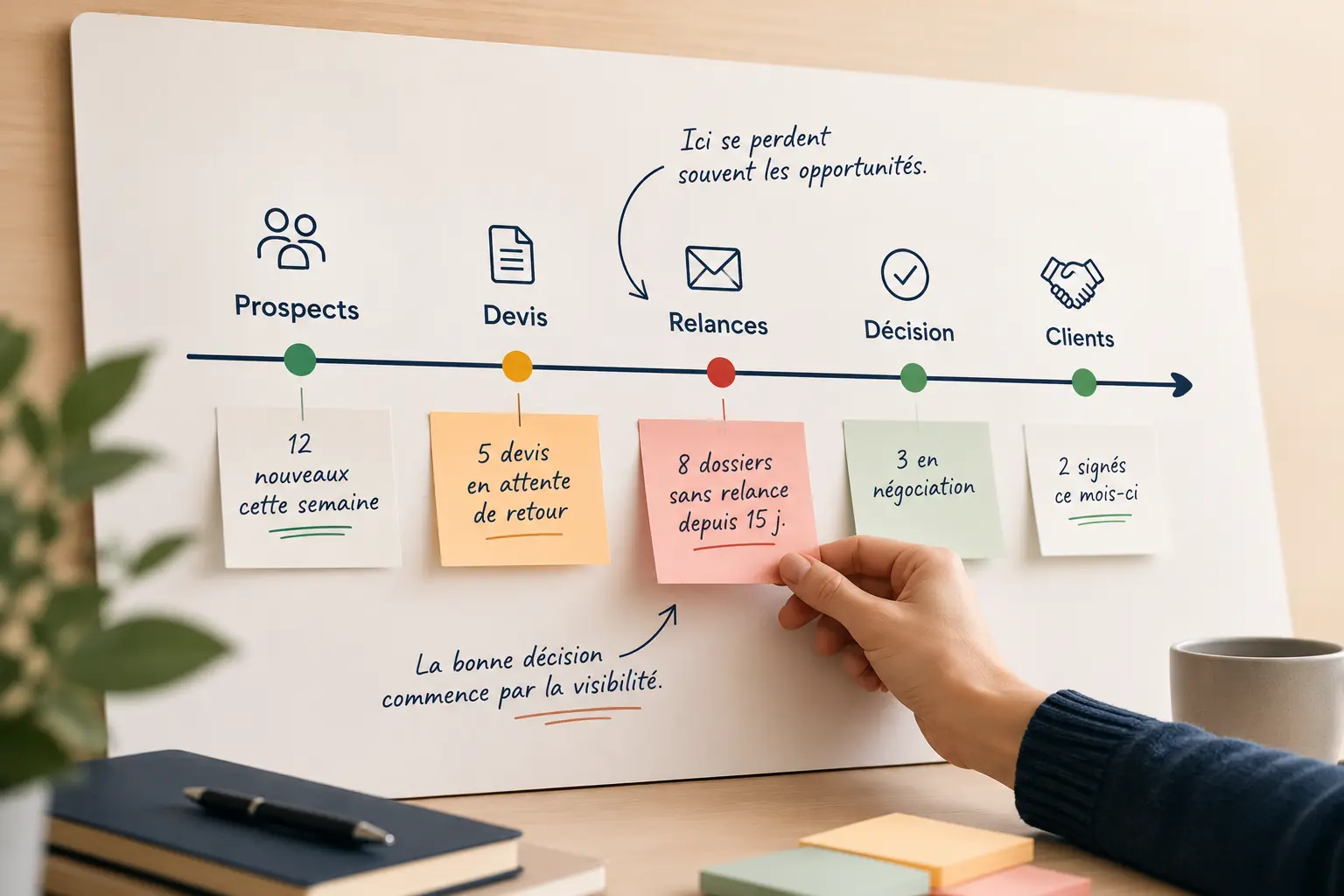 Illustration d'une cartographie du système commercial montrant le parcours des opportunités, les points de blocage et les interactions entre les processus, les outils et les équipes.